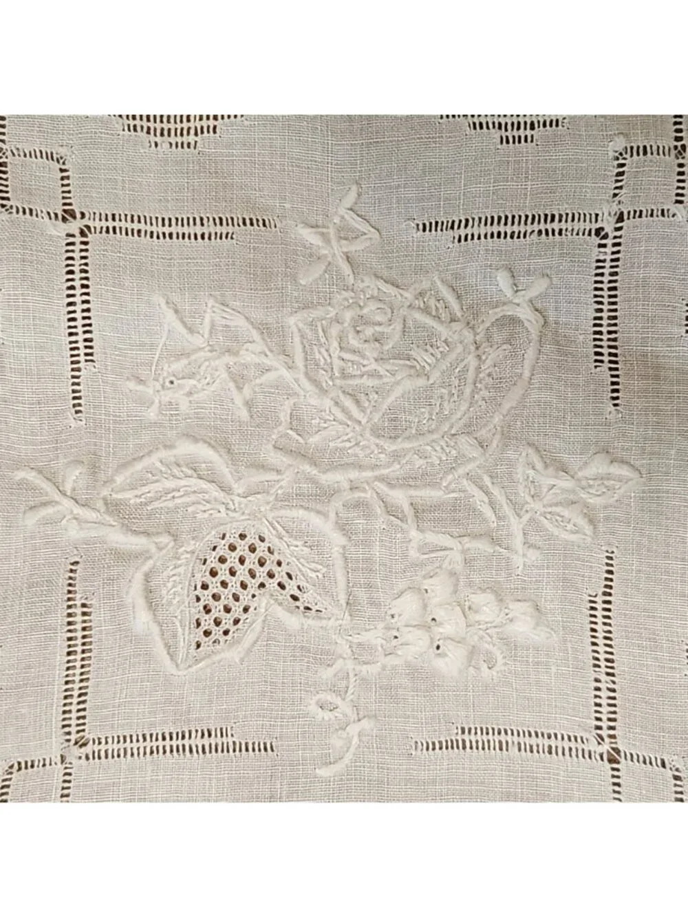 Vintage Square Linen Tablecloth With Intricate Embroidered Floral Pattern & Croc